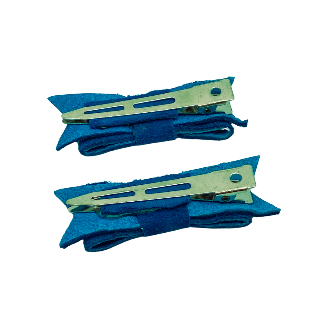 Teal Leather Bow Hair Clip Barrette Set