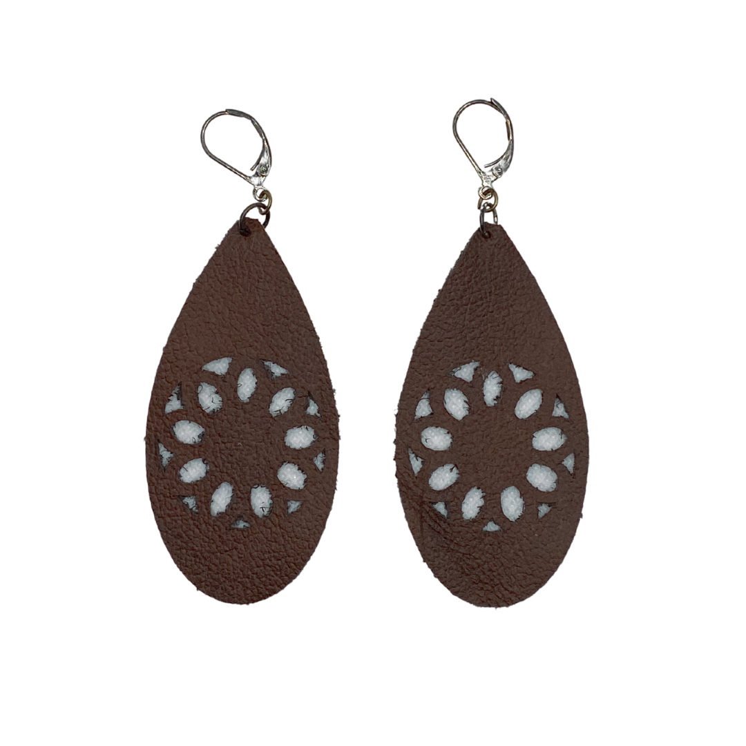 Brown Leather Flower Cut-out Earrings