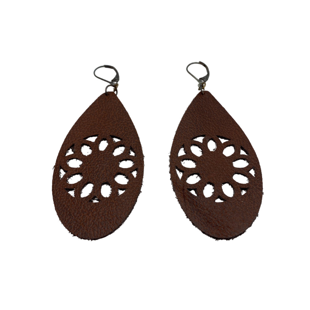 Brown Leather Flower Cut-out Earrings