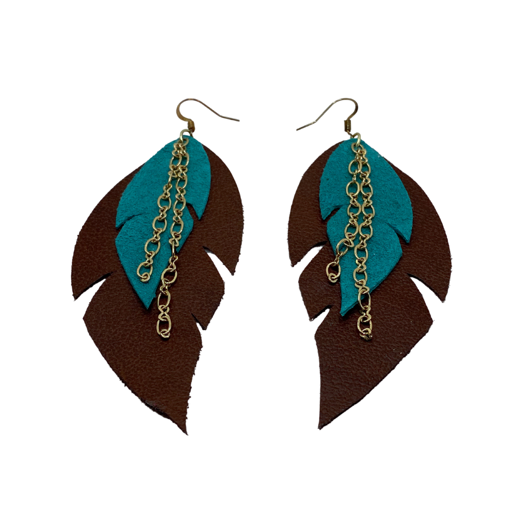 Teal and Brown Feather with Gold Chain Earrings