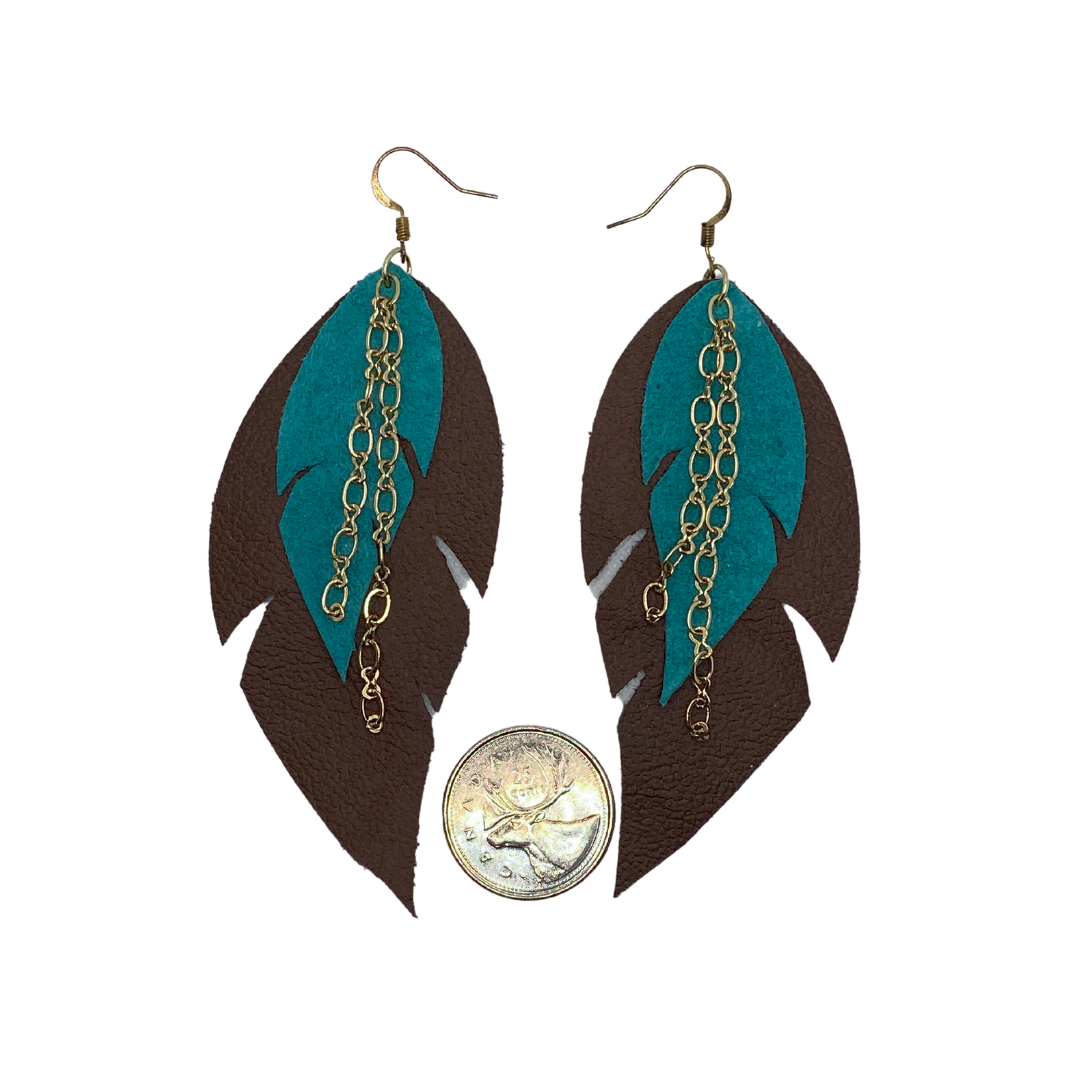 Teal and Brown Feather with Gold Chain Earrings