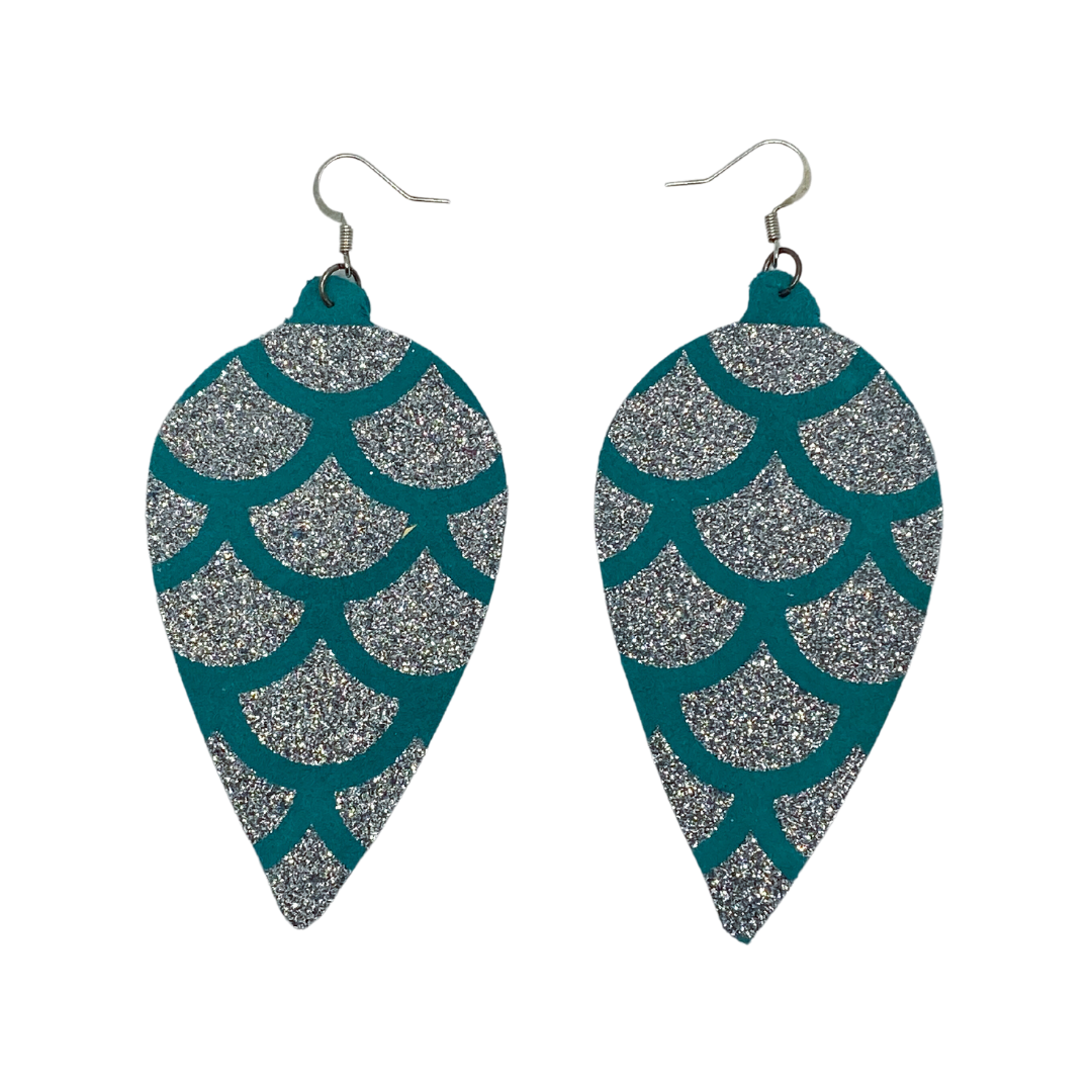 Inverted Drops Teal & Glitter Leather Earrings