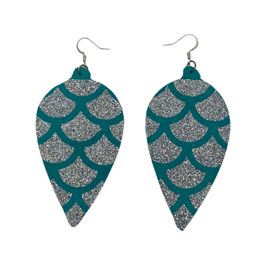 Inverted Drops Teal & Glitter Leather Earrings