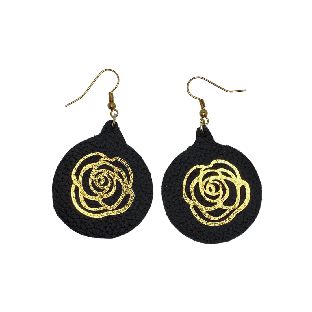 Gold Roses on Black Leather Earrings