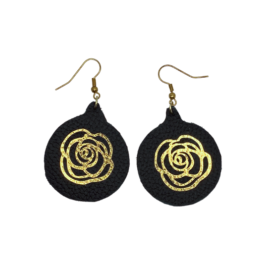 Gold Roses on Black Leather Earrings